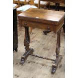 Victorian rosewood fold top games/sewing table raised on lyre supports, 75cm by 54cm (closed).