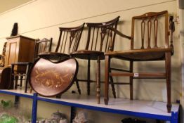 Two Edwardian inlaid chairs, pair splat back side chairs, pot cupboard,