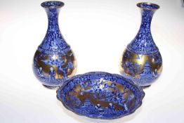 James Kent Old Foley garniture of two vases and bowl in blue,