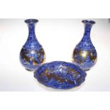 James Kent Old Foley garniture of two vases and bowl in blue,