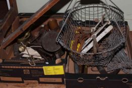 Two boxes of tools, metalwares, wire basket, etc.