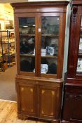 Edwardian inlaid mahogany standing corner cabinet having two glazed panel doors above two inlaid