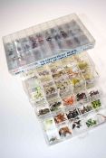 Two fly fishing display cabinets and flies including Salmon flies, approximately 1,100.