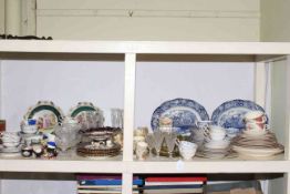 Assorted teaware, pair of classical scene plates, two Royal Doulton small character jugs, glassware,