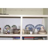 Assorted teaware, pair of classical scene plates, two Royal Doulton small character jugs, glassware,