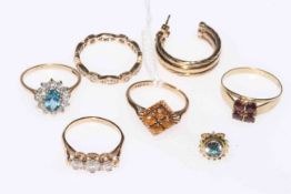 Collection of five gold gem set rings and two odd earrings (7).