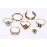 Collection of five gold gem set rings and two odd earrings (7).