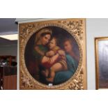 19th Century oil painting of Mary and Child, the circular canvas in gilt frame, overall 86cm.
