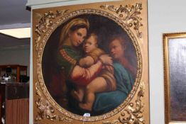 19th Century oil painting of Mary and Child, the circular canvas in gilt frame, overall 86cm.