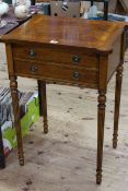 Pair burr and satinwood banded two drawer side tables with bowed corners, 76.5cm by 53cm.