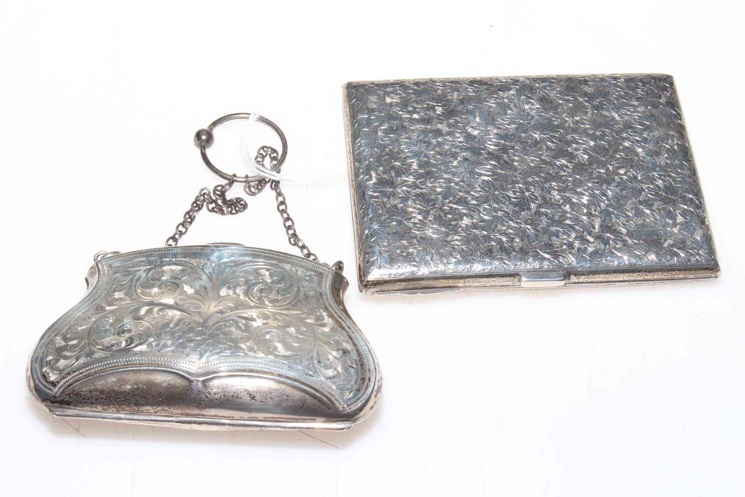 Victorian engraved silver card and aid case, Birmingham 1892 and silver purse (2).