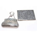 Victorian engraved silver card and aid case, Birmingham 1892 and silver purse (2).