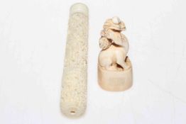 Chinese finely carved ivory bodkin case with contents, together with animal seal (2).