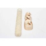 Chinese finely carved ivory bodkin case with contents, together with animal seal (2).