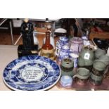 Three Bells whisky decanters, collection of Ringtons, tea caddy, Oriental service, Delft plaque,