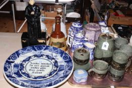 Three Bells whisky decanters, collection of Ringtons, tea caddy, Oriental service, Delft plaque,