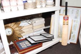 Gilt sunburst clock, collectors plates, framed cigarette cards, signed cricket bat (Pakistan 1992),