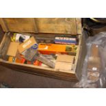 Tool box, tools and bench vice.