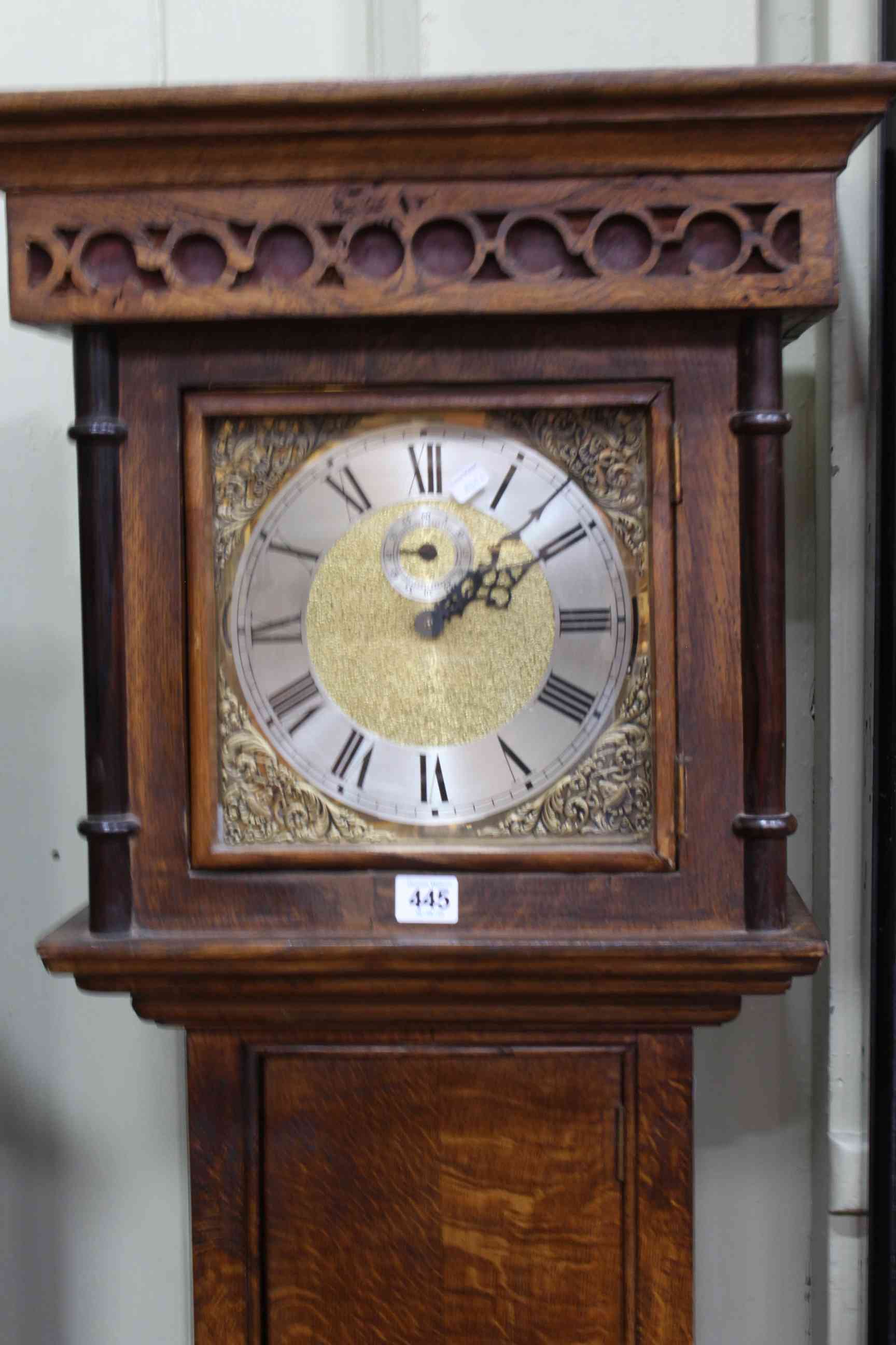 Oak triple weight longcase clock having square brass and silvered dial. - Image 2 of 2