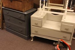 Painted three drawer chest, painted dressing table and painted occasional table (3).