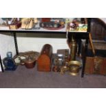 Brass log bin, magazine rack, plaque, mirrors, copper warming pan and kettle, hand sewing machine,
