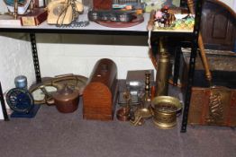 Brass log bin, magazine rack, plaque, mirrors, copper warming pan and kettle, hand sewing machine,