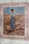 J.W. Davage, Dutch Female Reaper in Field, oil on canvas, 54cm by 44cm, swept frame.