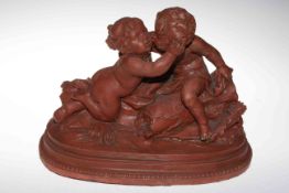 19th Century terracotta centrepiece of two Putti, signed Cholin.