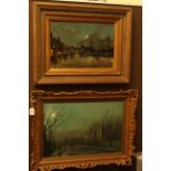 Two oils on canvas of Moonlit Harbour and Street Scenes, in gilt frames.