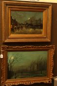 Two oils on canvas of Moonlit Harbour and Street Scenes, in gilt frames.