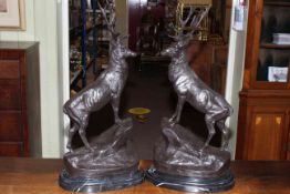 Pair of large bronze models of stags on rocky outcrops raised on marble plinths, 75cm high.