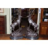 Pair of large bronze models of stags on rocky outcrops raised on marble plinths, 75cm high.