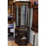 Oriental black lacquered hexagonal four door display cabinet, 183cm.