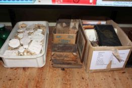 Collection of plaster relief moulds, antique bibles and other books.