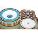 Four Minton service dishes with turquoise and gilt decoration and three plates and dish (7).