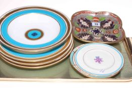 Four Minton service dishes with turquoise and gilt decoration and three plates and dish (7).