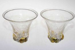 Pair of Stuart & Sons amber and clear glass vases with leaf design, 14cm.