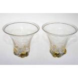 Pair of Stuart & Sons amber and clear glass vases with leaf design, 14cm.