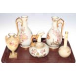 Five pieces of Royal Worcester Blushware, comprising pair ewers, two vases and ewer.