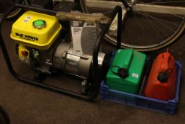 As new Wolf WP2200 petrol generator and two fuel canisters.