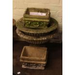 Two weathered circular garden planters and pair weathered rectangular garden planters (4).