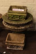 Two weathered circular garden planters and pair weathered rectangular garden planters (4).