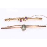 Chester hallmarked 9 carat gold and amethyst bar brooch, and 9 carat gold bar brooch (2).