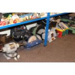 Collection of power tools including bench grinders, saw, compressor etc,