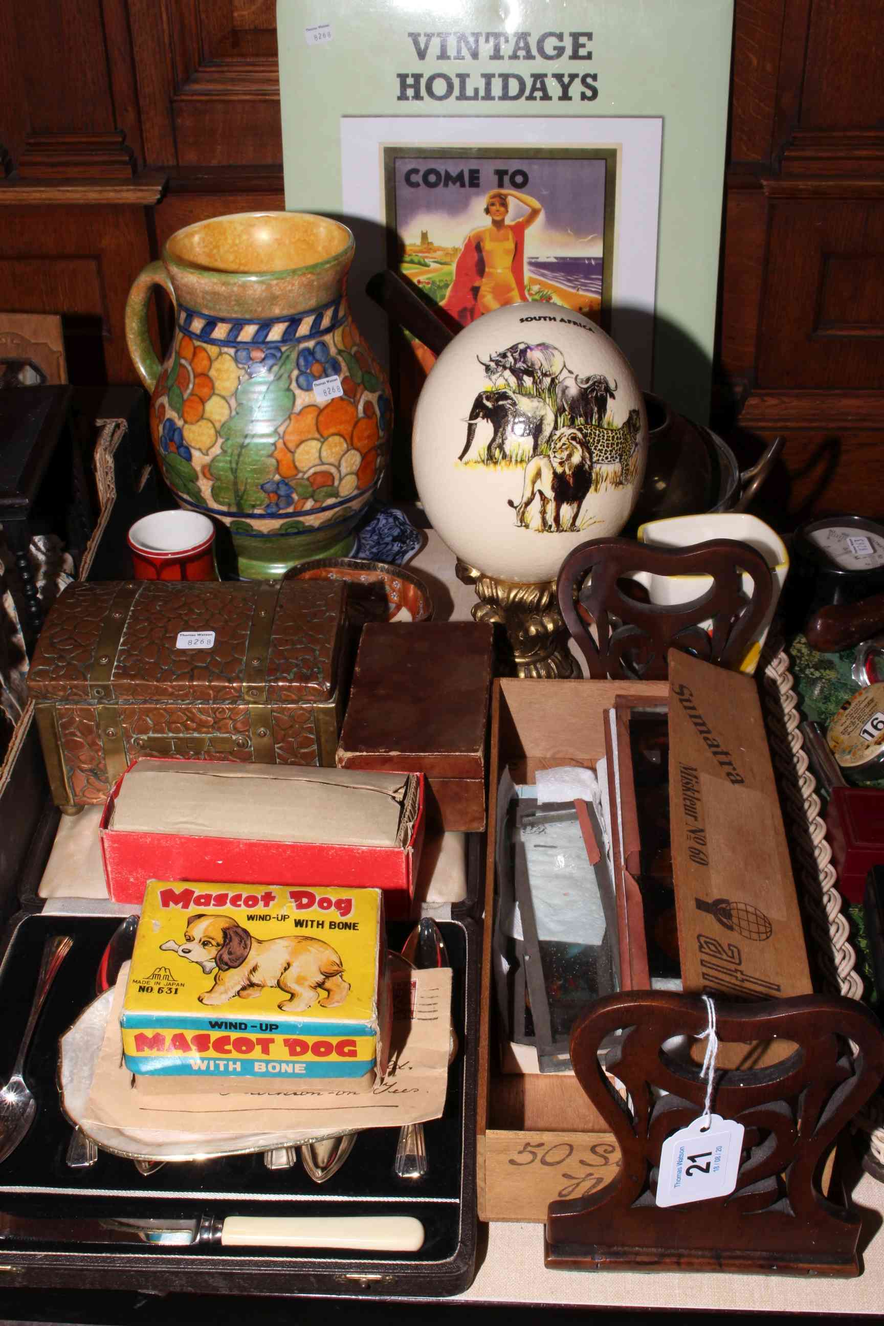 Mixed lot with Charlotte Rhead jug, lantern slides, Mascot Dog toy, book trough, etc.