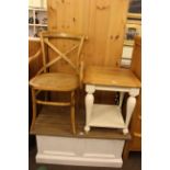 White and pine trunk, white and oak lamp table and Bentwood elbow chair (3).