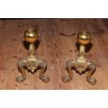 Pair of brass ball and claw fire dogs, 36cm.