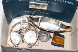 Box of silver items including Chester hallmarked canoe.