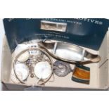 Box of silver items including Chester hallmarked canoe.