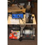 Minicraft bench drill, circular saw, transformer and bench grinder.